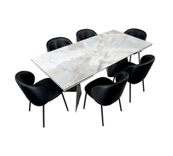 ALDO Dining Set: table + 6 black faux leather chairs